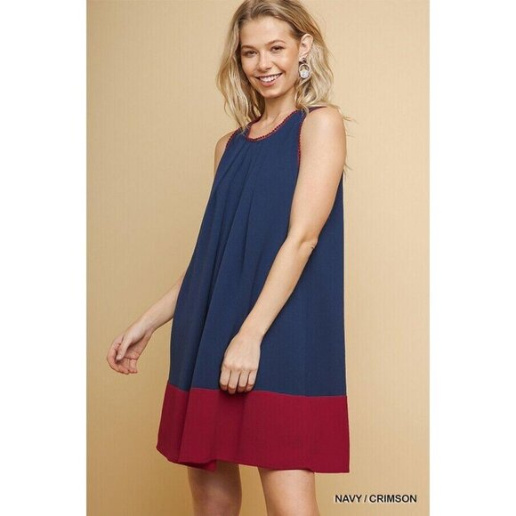 Umgee Dress Sleeveless Two Tone Pom Pom Trim Back Medium - Picture 2 of 3